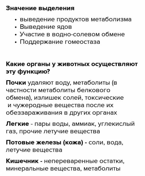 Значения выделения конечных продуктов обмена веществ